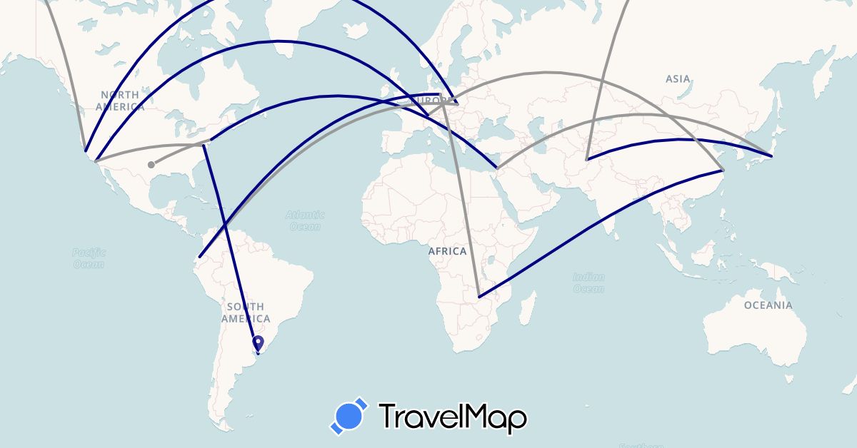 TravelMap itinerary: driving, plane in Afghanistan, Switzerland, China, Germany, Ecuador, Israel, Japan, Poland, United States, Uruguay, Zambia (Africa, Asia, Europe, North America, South America)